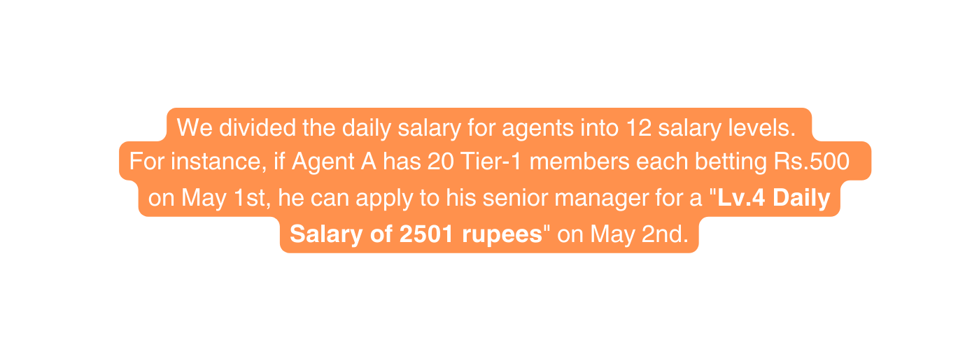 We divided the daily salary for agents into 12 salary levels For instance if Agent A has 20 Tier 1 members each betting Rs 500 on May 1st he can apply to his senior manager for a Lv 4 Daily Salary of 2501 rupees on May 2nd